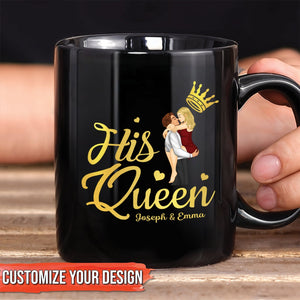 Custom couple black mugs gift featuring 'His Queen' design personalized for Joseph and Emma
