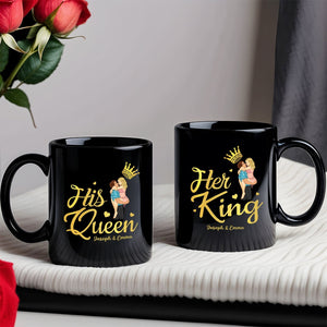 Custom couple black mugs gift featuring His Queen and Her King designs with personalized names