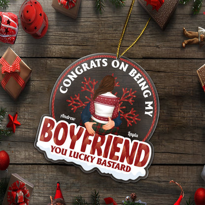 365Gifty custom couple ornament with Congrats on being my boyfriend message and festive Christmas design