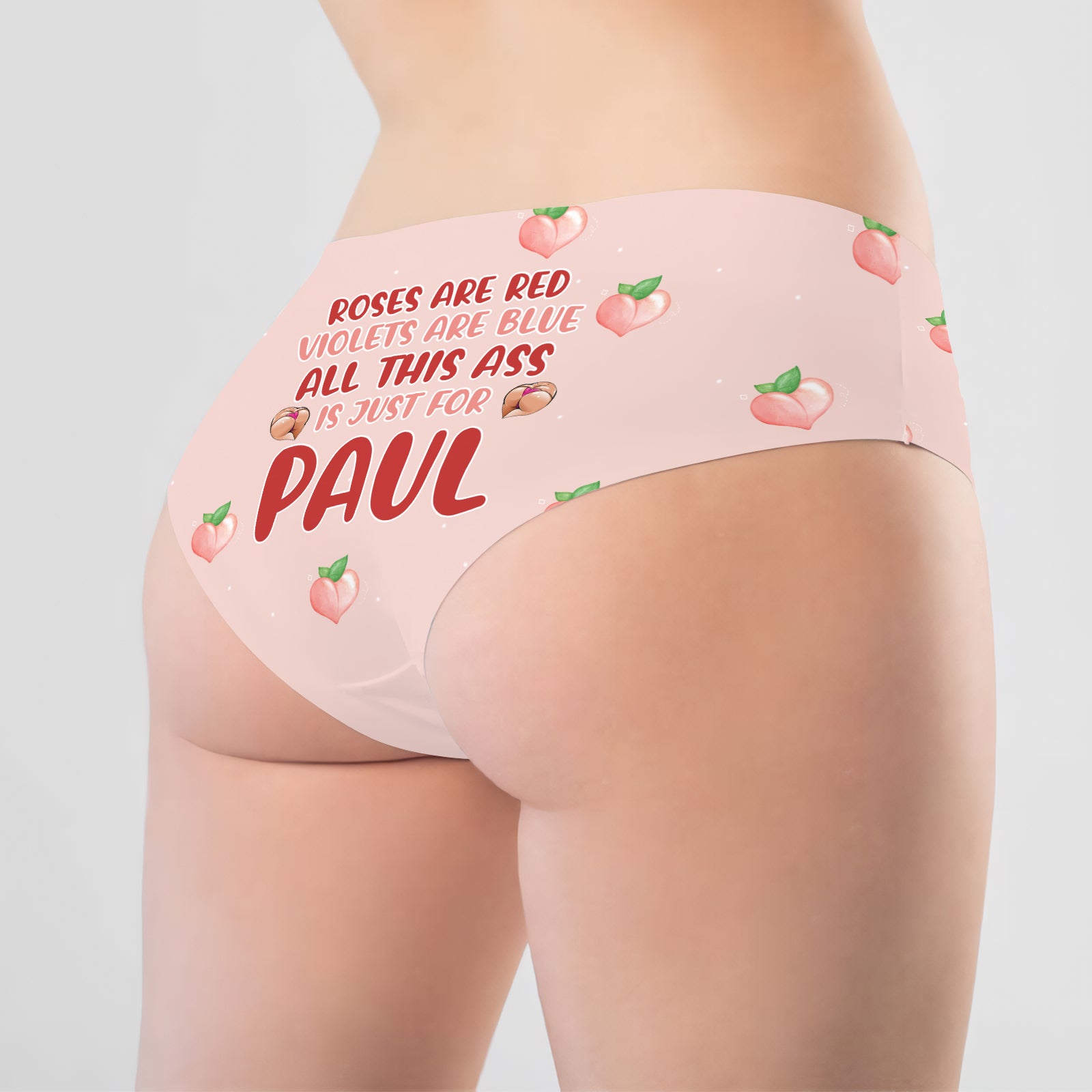 Custom couple underwear with playful text and peach designs, perfect for personalized gifts