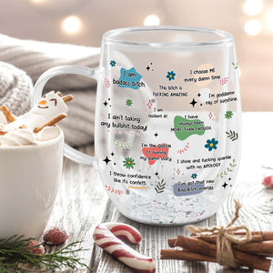 Custom double walled glass for besties featuring fun and motivational quotes in colorful designs