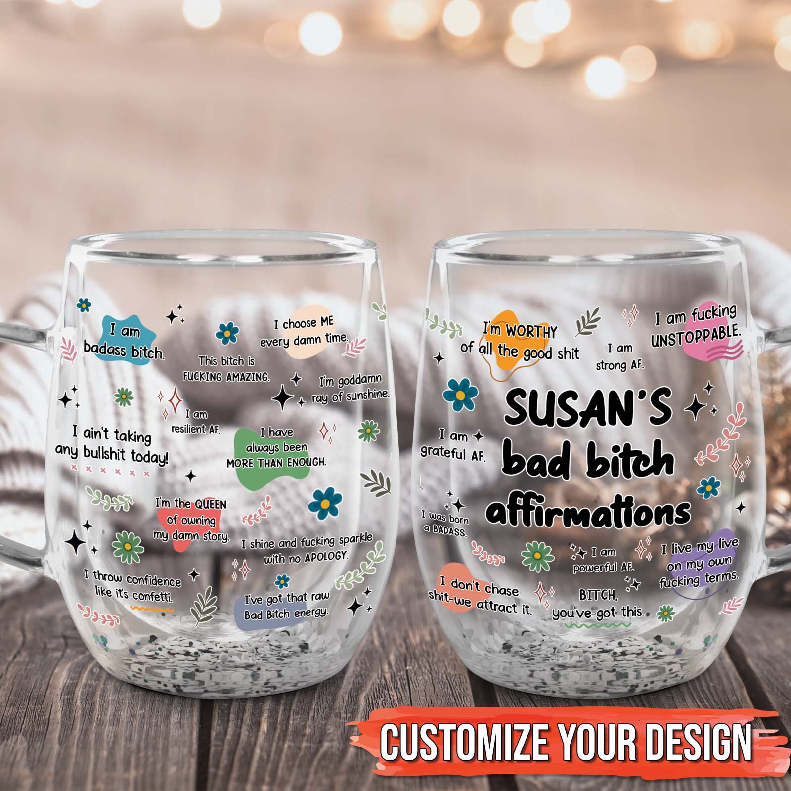Custom double walled glass for besties with colorful affirmations and personalized design options