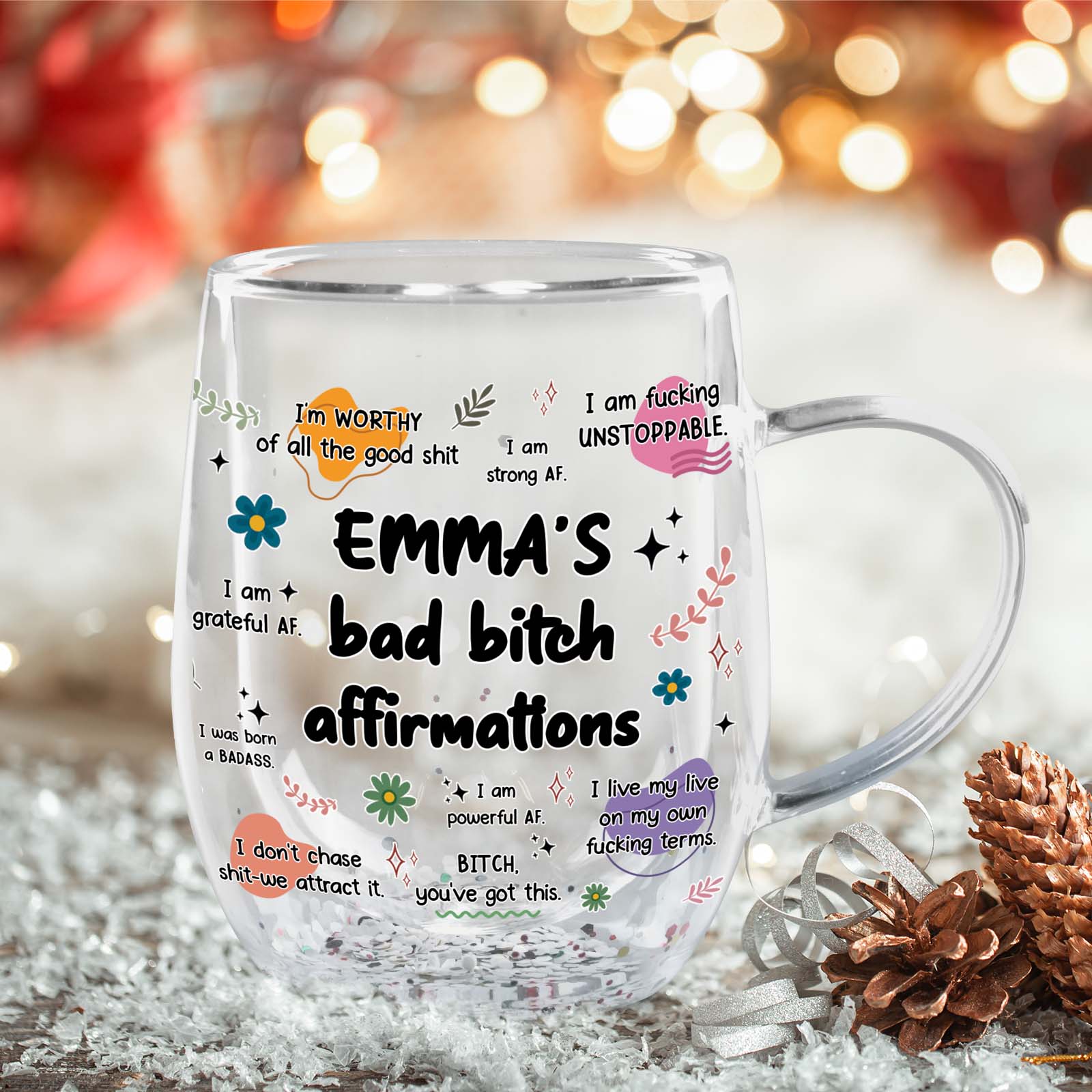 Custom double walled glass for besties featuring positive affirmations and colorful designs