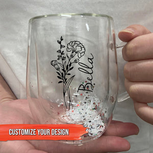 Custom double walled mug with name featuring a floral design and personalized text