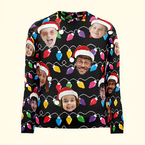 365Gifty black custom face christmas sweater with colorful Christmas lights and multiple faces wearing Santa hats