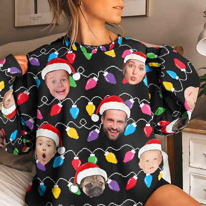 365Gifty custom face christmas sweater with colorful lights and personalized faces wearing Santa hats