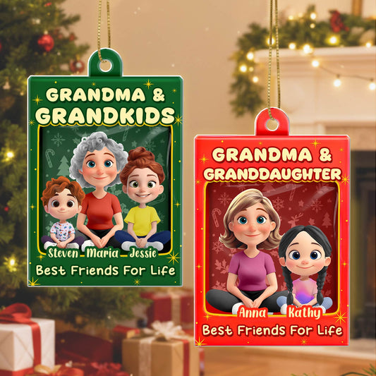 Custom family Christmas acrylic ornament featuring personalized characters and festive design