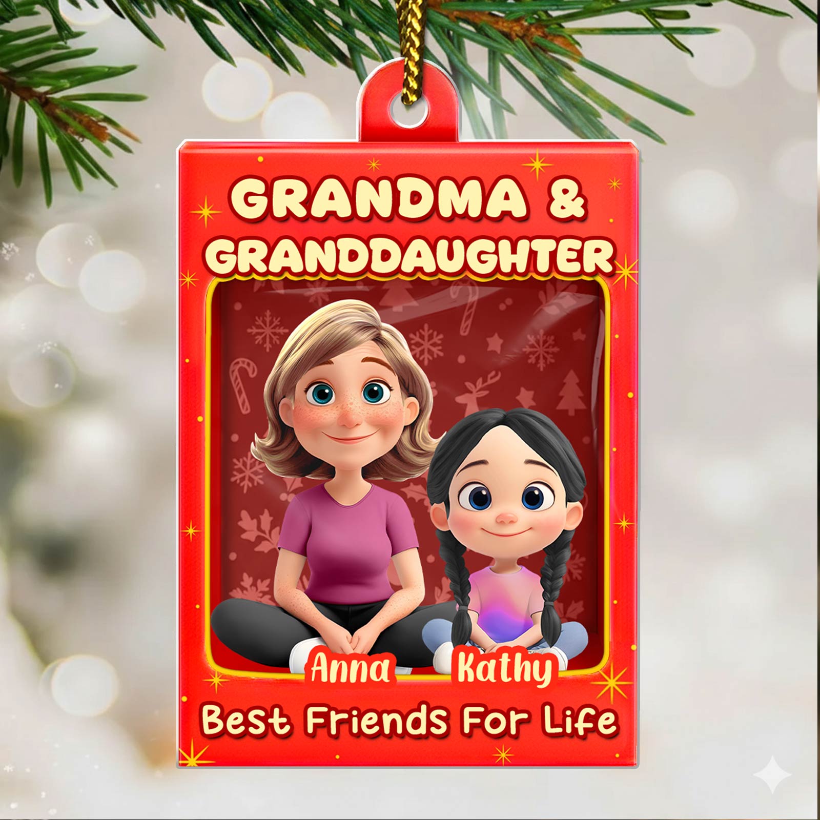 Custom family Christmas acrylic ornament featuring a cartoon grandma and granddaughter with the text Best Friends For Life
