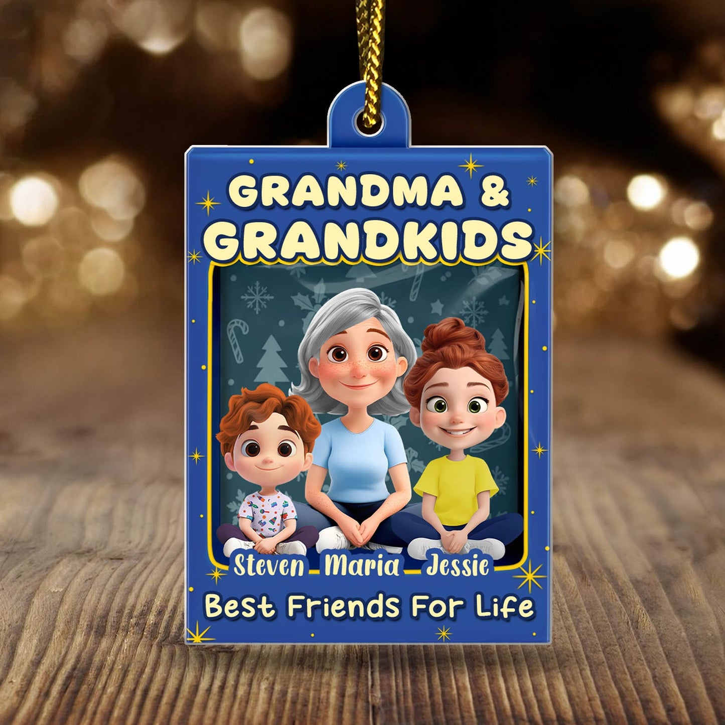 Custom family Christmas acrylic ornament featuring Grandma and grandkids in a colorful design