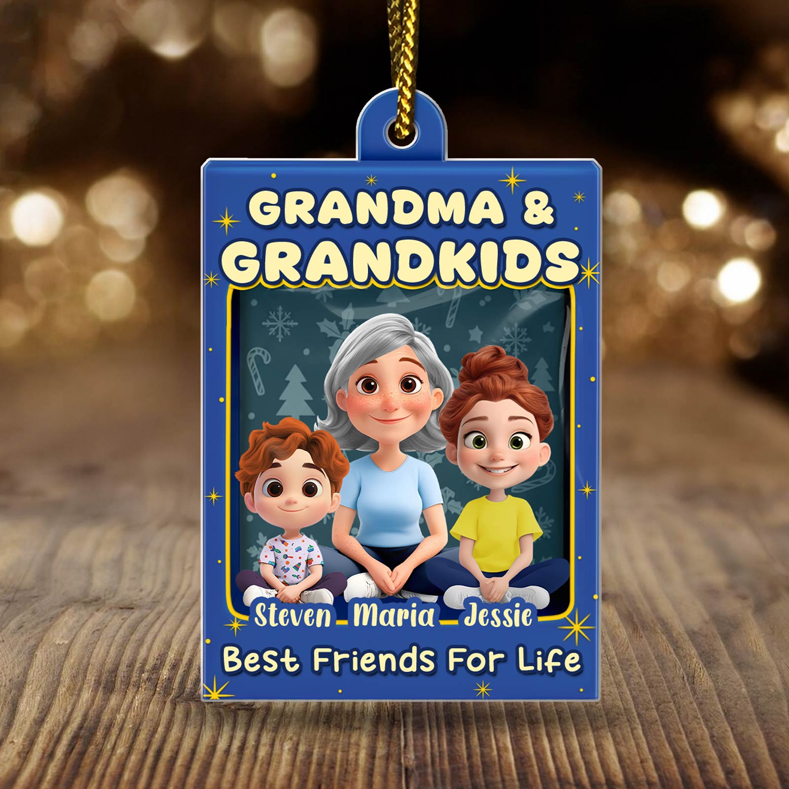 Custom family Christmas acrylic ornament featuring Grandma and grandkids in a colorful design