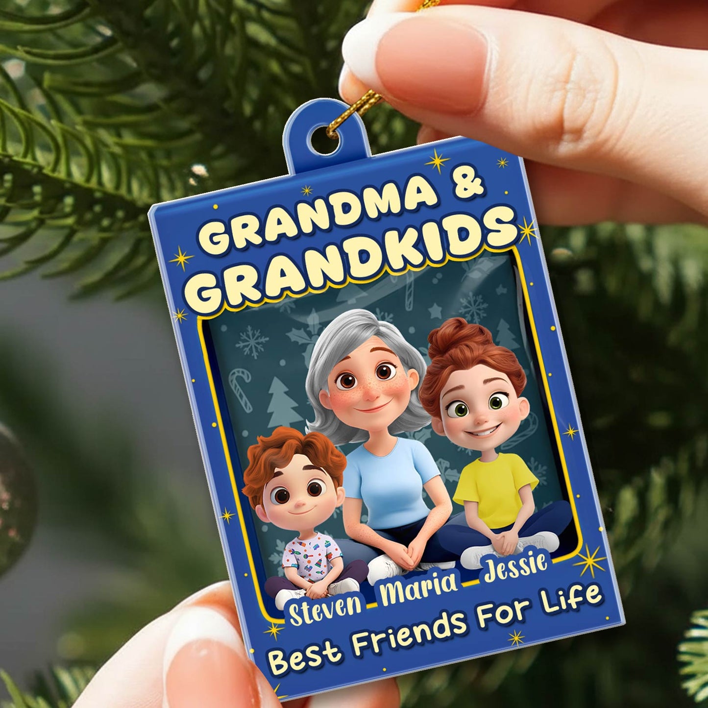 Custom family Christmas acrylic ornament featuring a grandmother and grandchildren with a personalized message