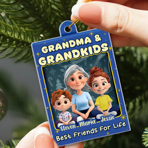 Custom family Christmas acrylic ornament featuring a grandmother and grandchildren with a personalized message