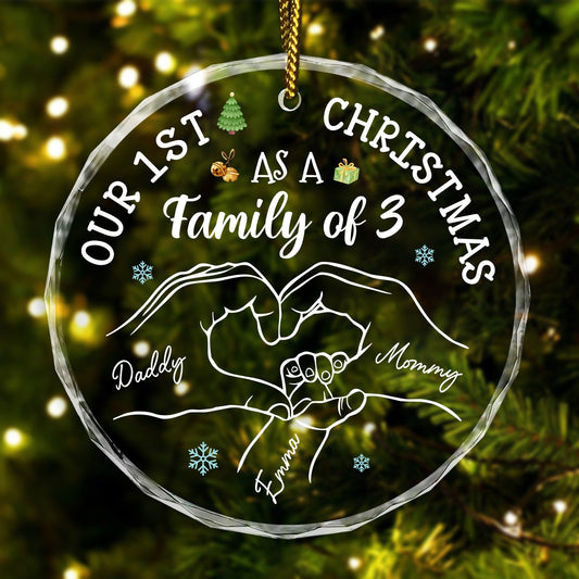 365Gifty custom family Christmas glass ornament with hand illustration and family names for first Christmas