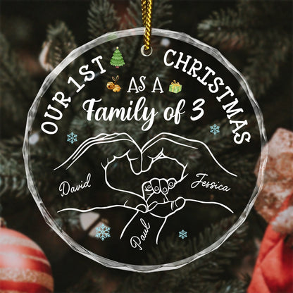 Custom family Christmas glass ornament with hand-drawn family of three and personalized names David Jessica Paul