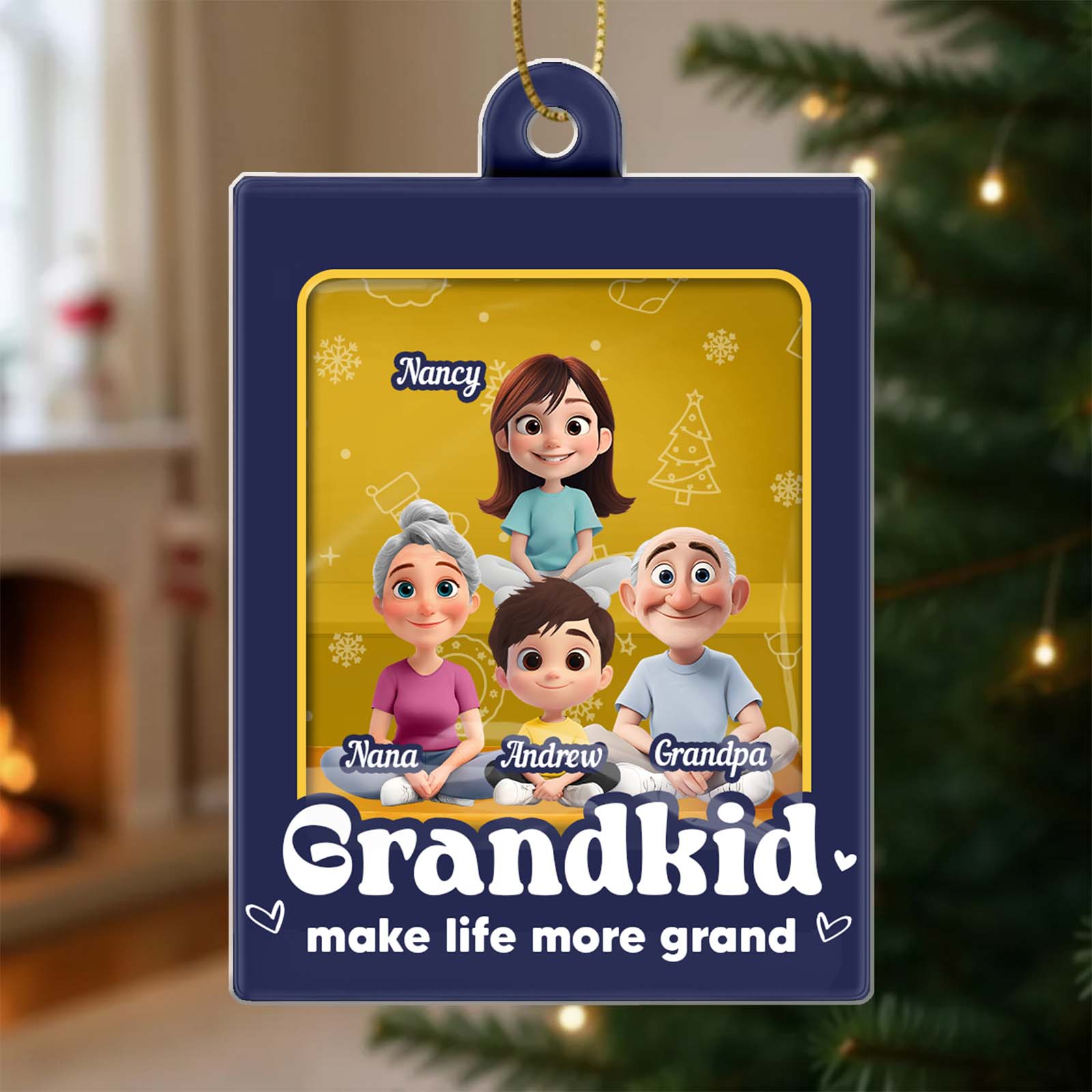 Custom family Christmas ornament featuring cartoon characters of a family with personalized names