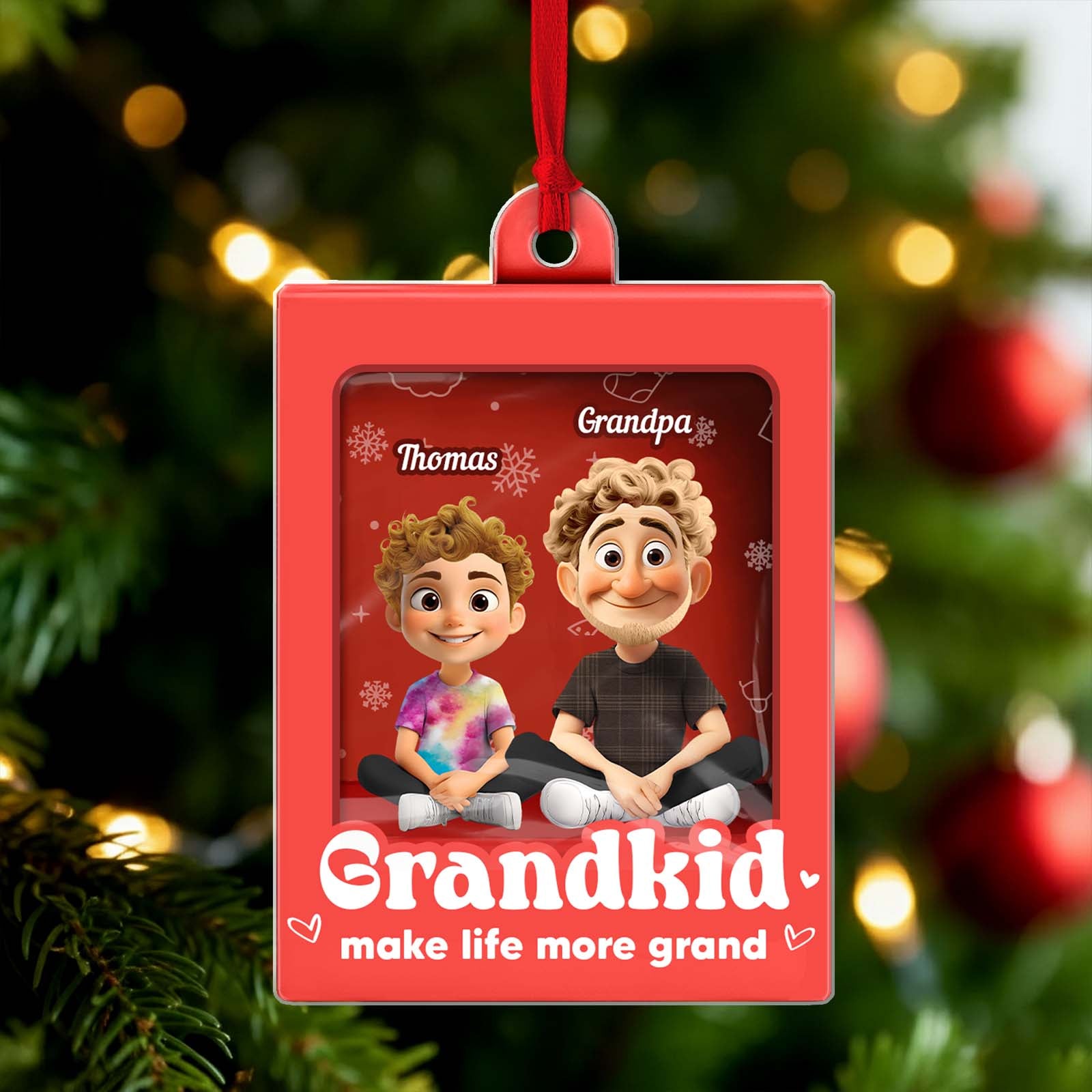 Custom family Christmas ornament featuring animated characters of grandkid and grandpa with festive design