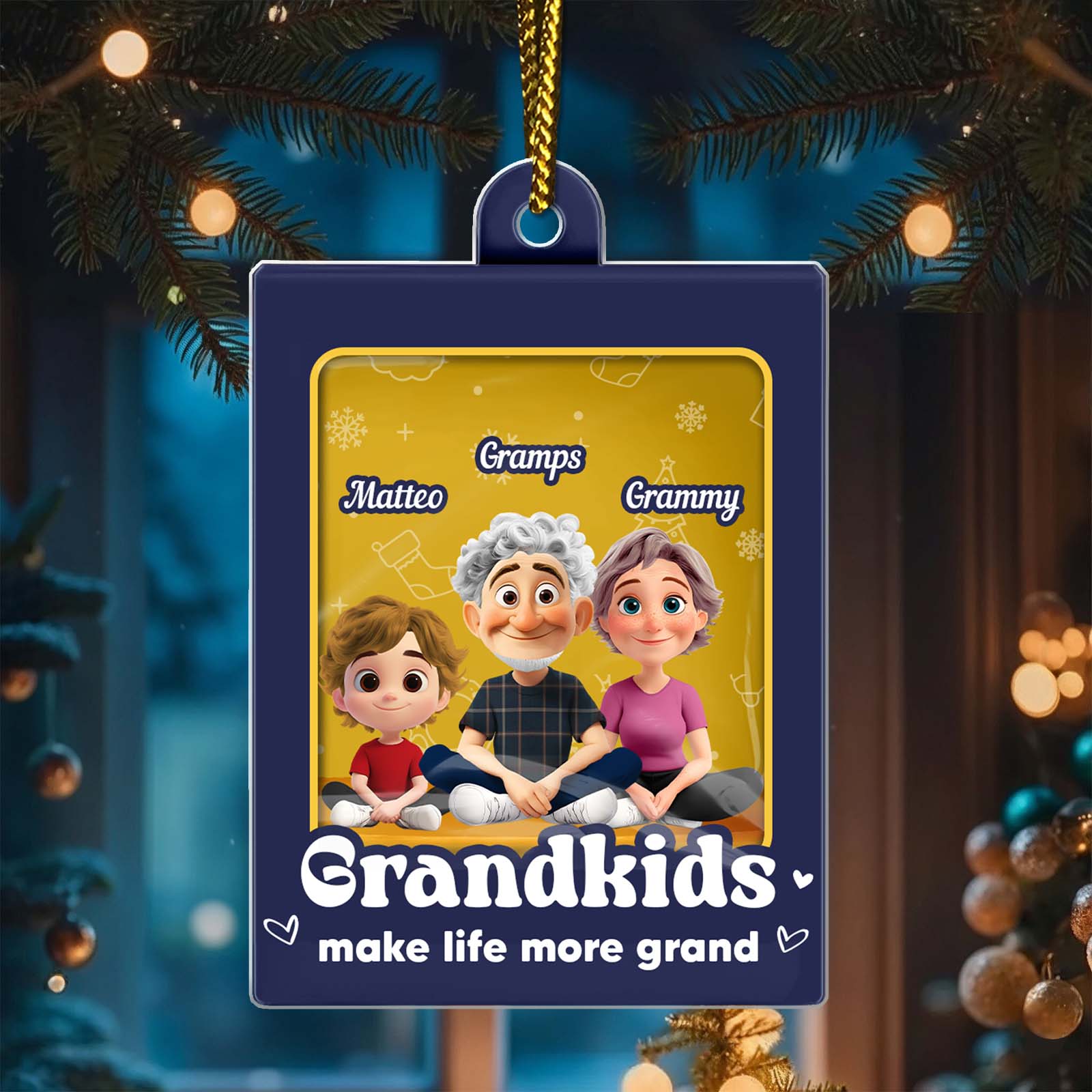 Custom family Christmas ornament featuring animated grandparents and grandkids for holiday decor
