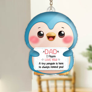 Cute custom family keychain gift featuring a penguin holding a love note for Dad