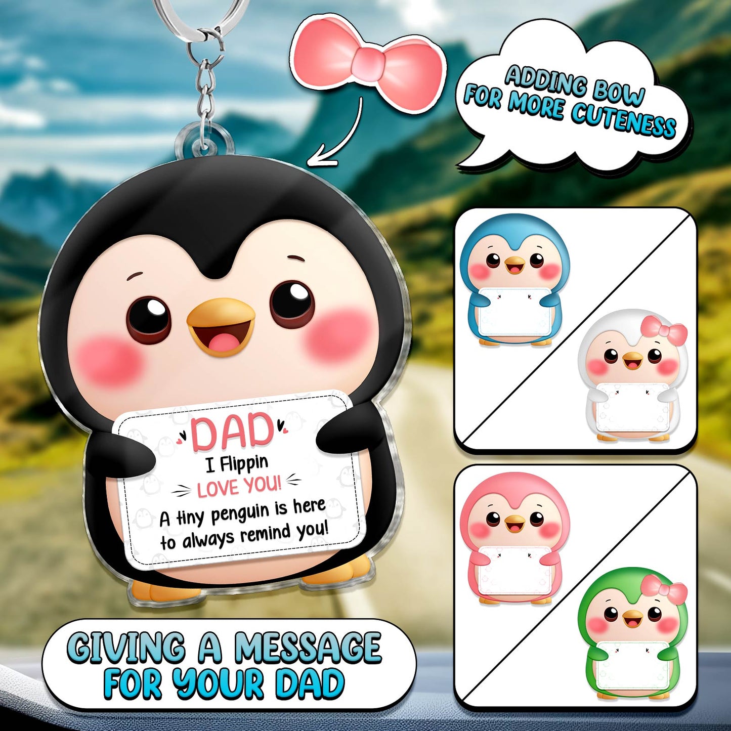 Custom family keychain gift featuring a cute penguin holding a message card for dad