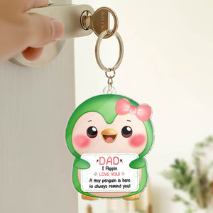 Custom family keychain gift featuring a cute penguin holding a heartfelt message for Dad