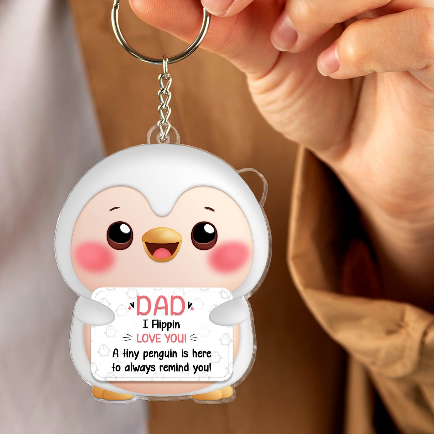 Custom family keychain gift featuring a cute penguin design with heartfelt message for dads