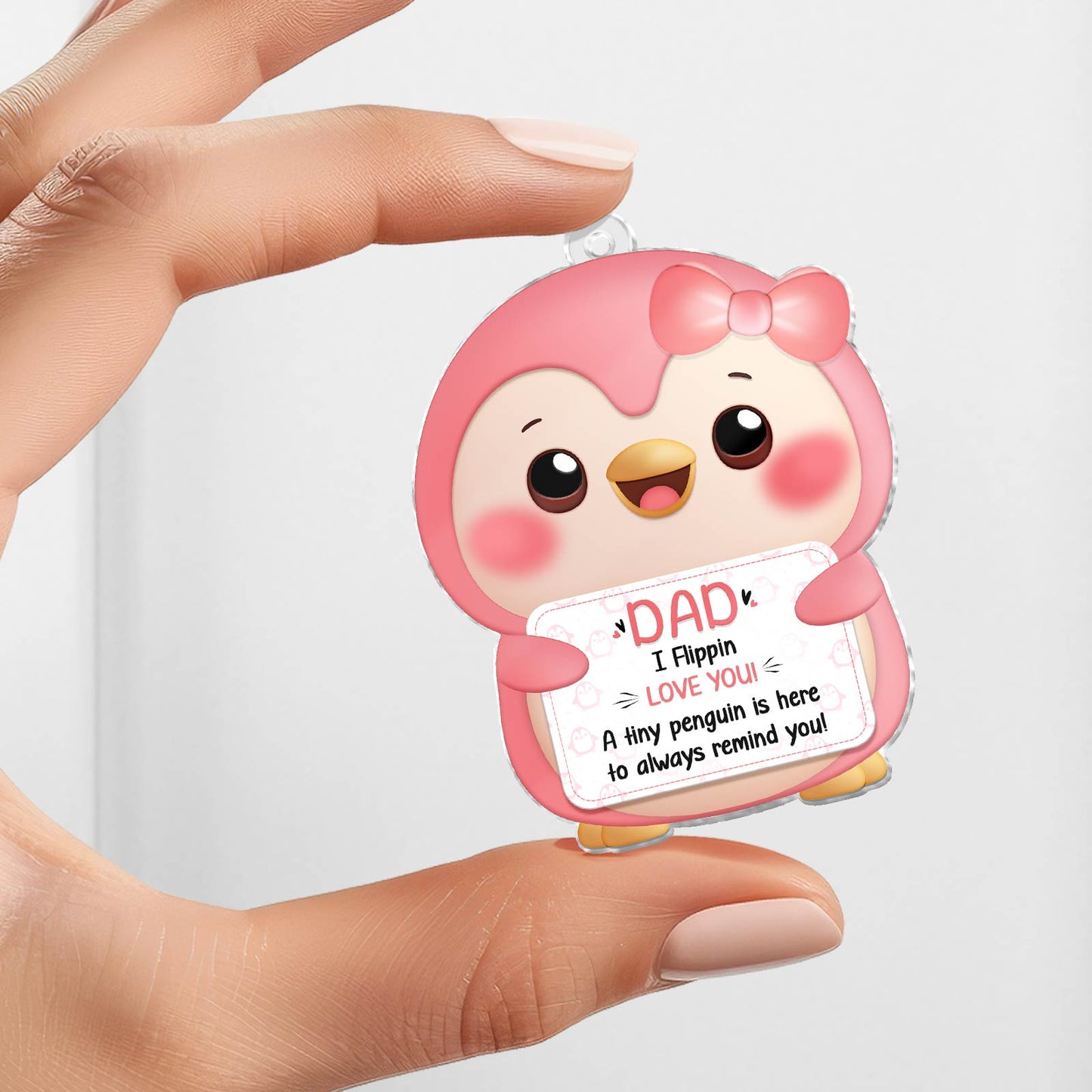 Custom family keychain gift featuring a cute penguin holding a message for Dad