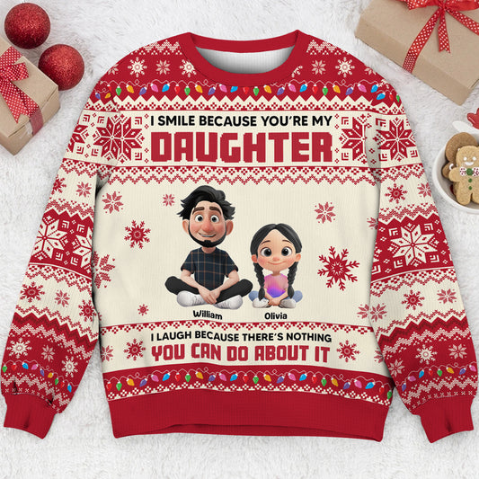 Custom father daughter holiday sweater featuring playful characters and festive design elements