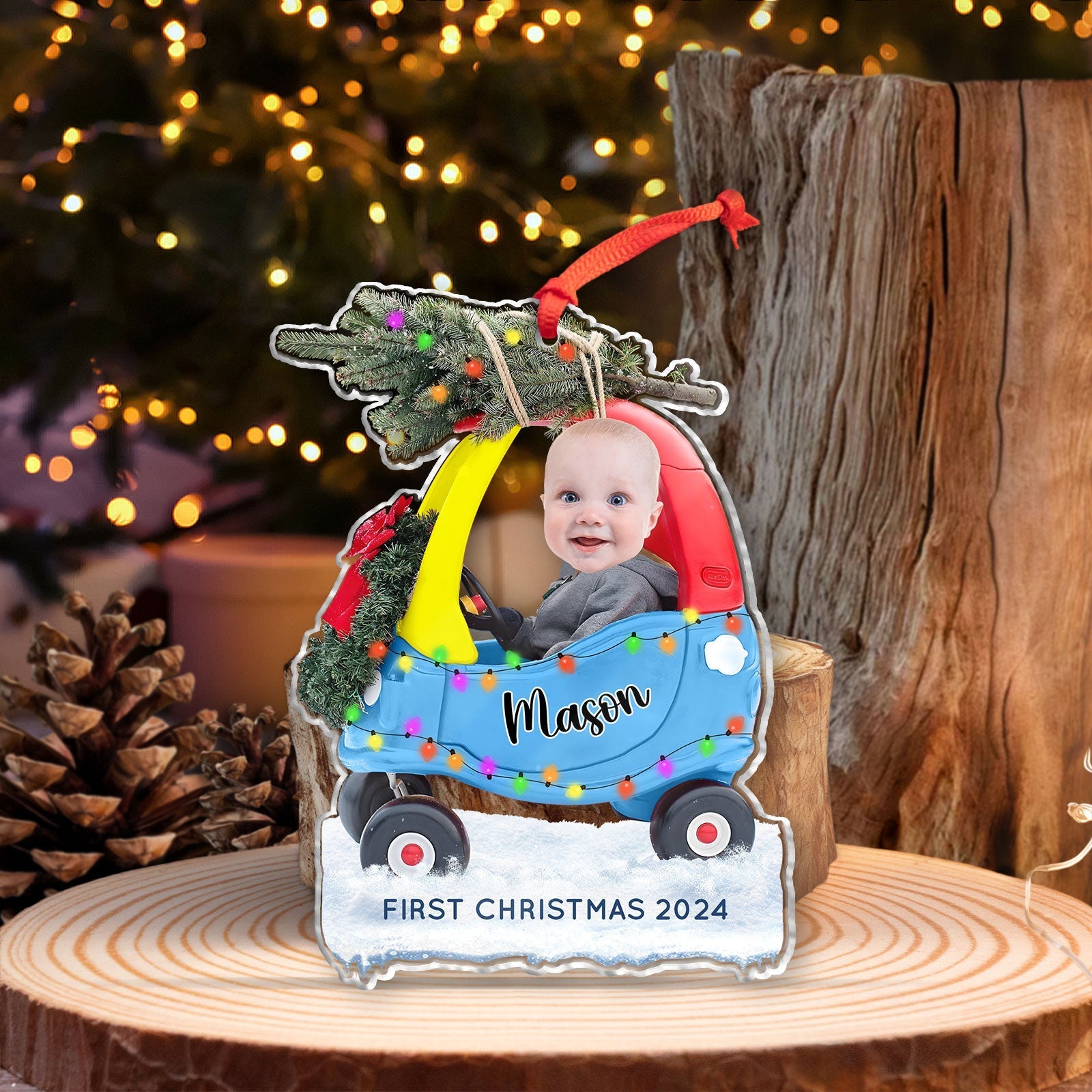 Custom first Christmas acrylic ornament featuring baby photo and name Mason in holiday car decoration