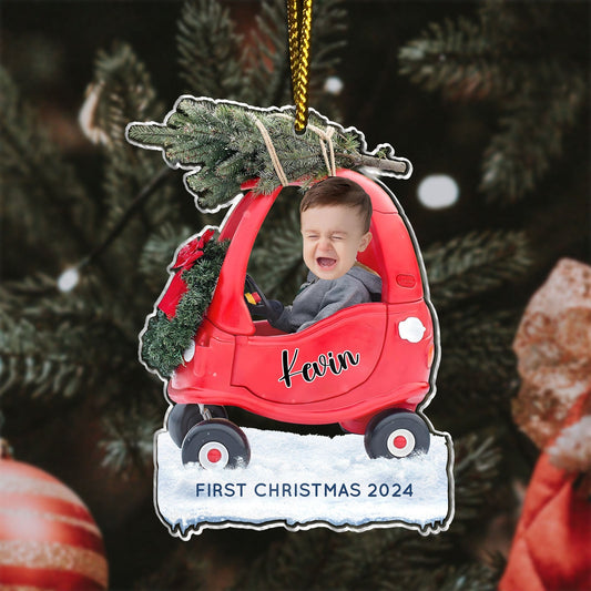 Custom first Christmas acrylic ornament featuring a red toy car with a child and Christmas tree with name Kevin