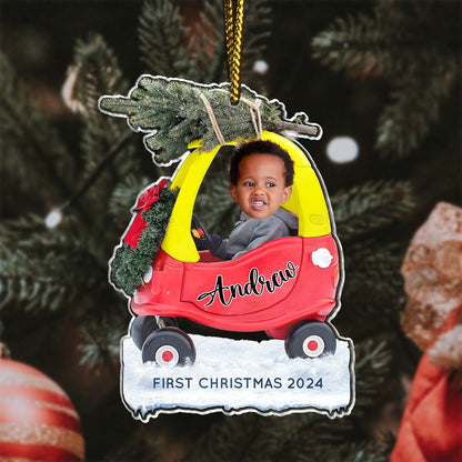 Custom first Christmas acrylic ornament featuring a child named Andrew in a red and yellow car with a Christmas tree on top