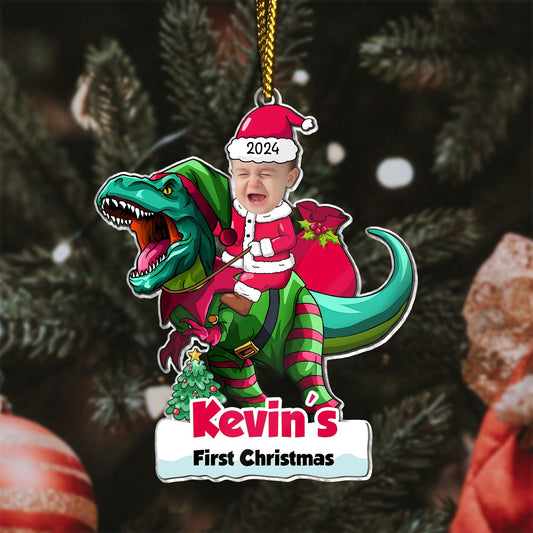 365Gifty first Christmas baby ornament custom featuring a dinosaur and baby in Santa outfit with name and year