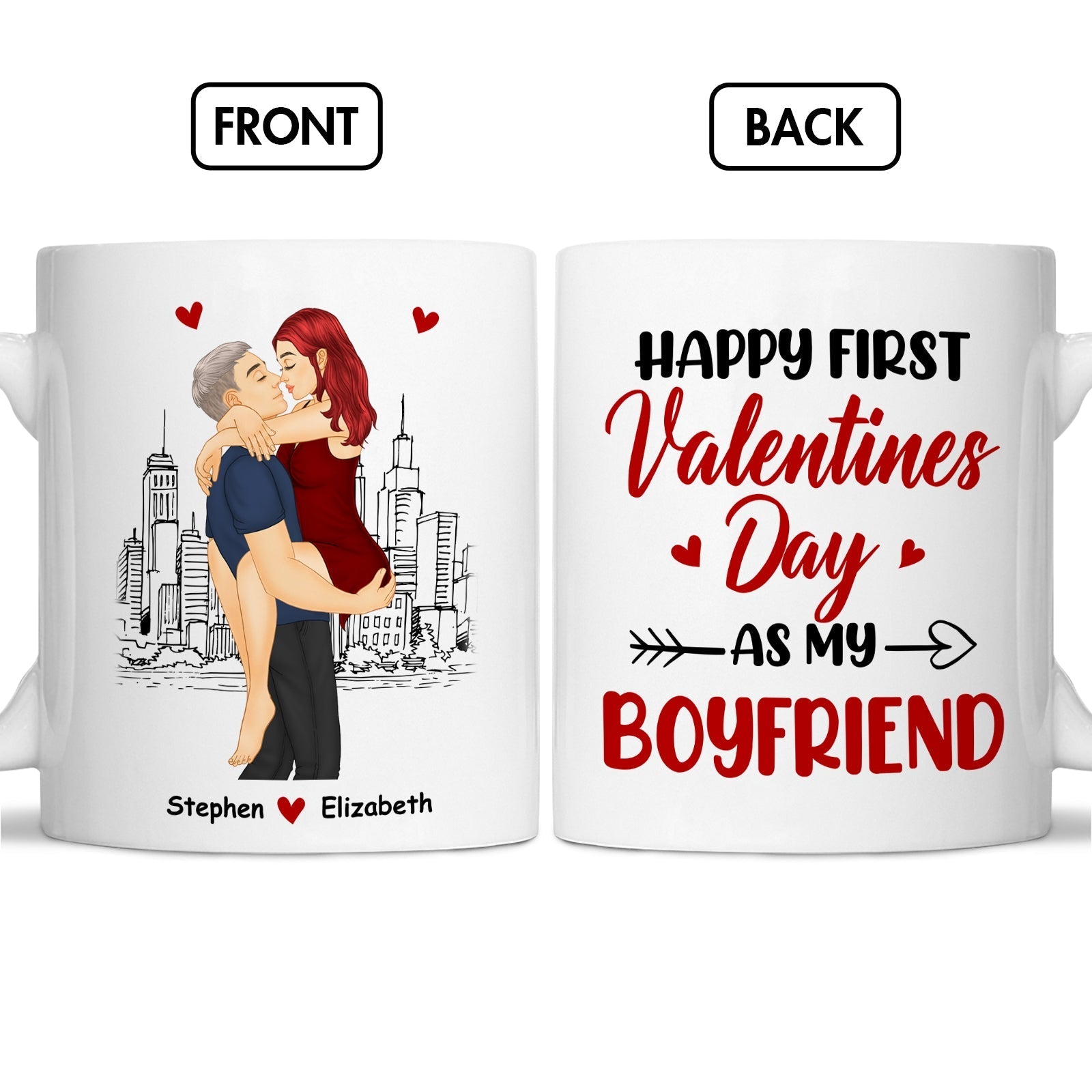 365Gifty first valentines together mug featuring a couple embracing with city skyline and romantic message