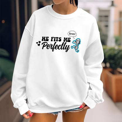White sweatshirt with custom fits me perfectly shirt design featuring text and cute cartoon character