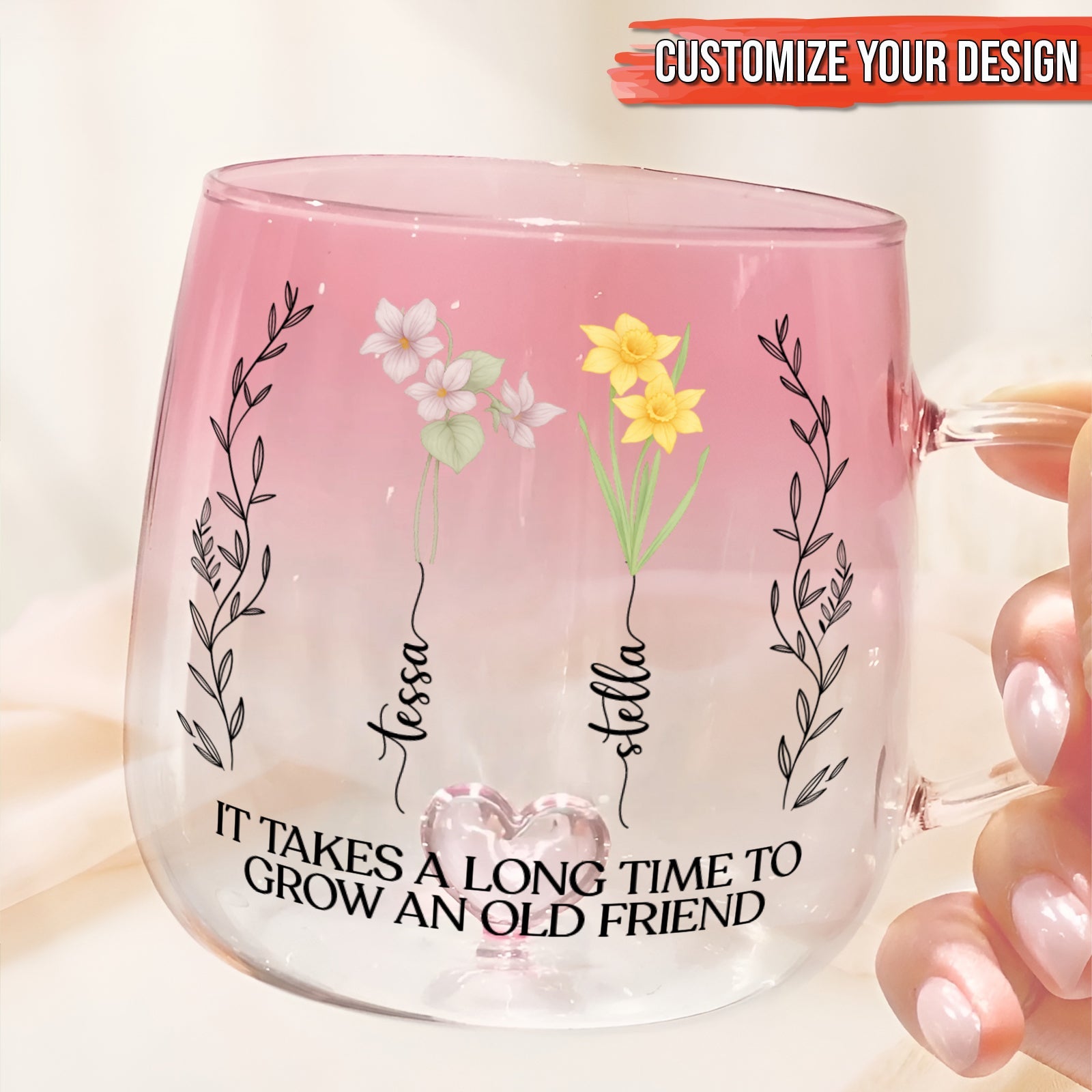 Custom friendship gift mug with floral design and personalized names for a meaningful touch