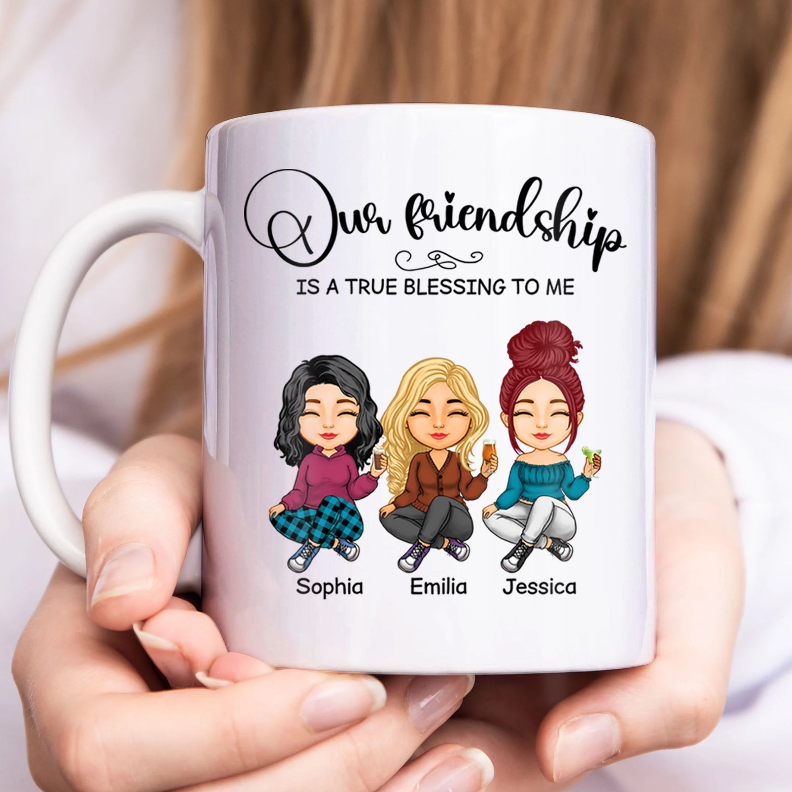 Custom friendship mug gift featuring three illustrated friends with the text Our friendship is a true blessing to me