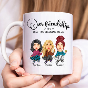 Custom friendship mug gift featuring three illustrated friends with the text Our friendship is a true blessing to me