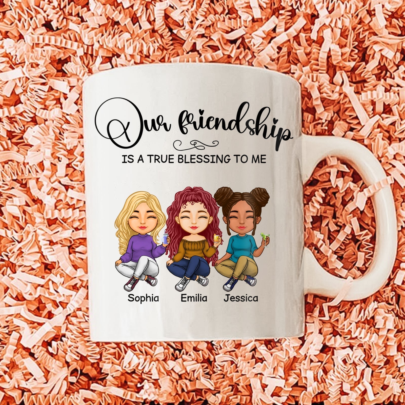 Custom friendship mug gift featuring cartoon characters Sophia, Emilia, and Jessica with a heartfelt message