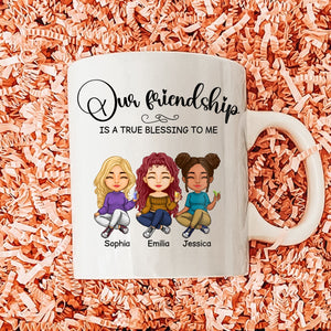 Custom friendship mug gift featuring cartoon characters Sophia, Emilia, and Jessica with a heartfelt message