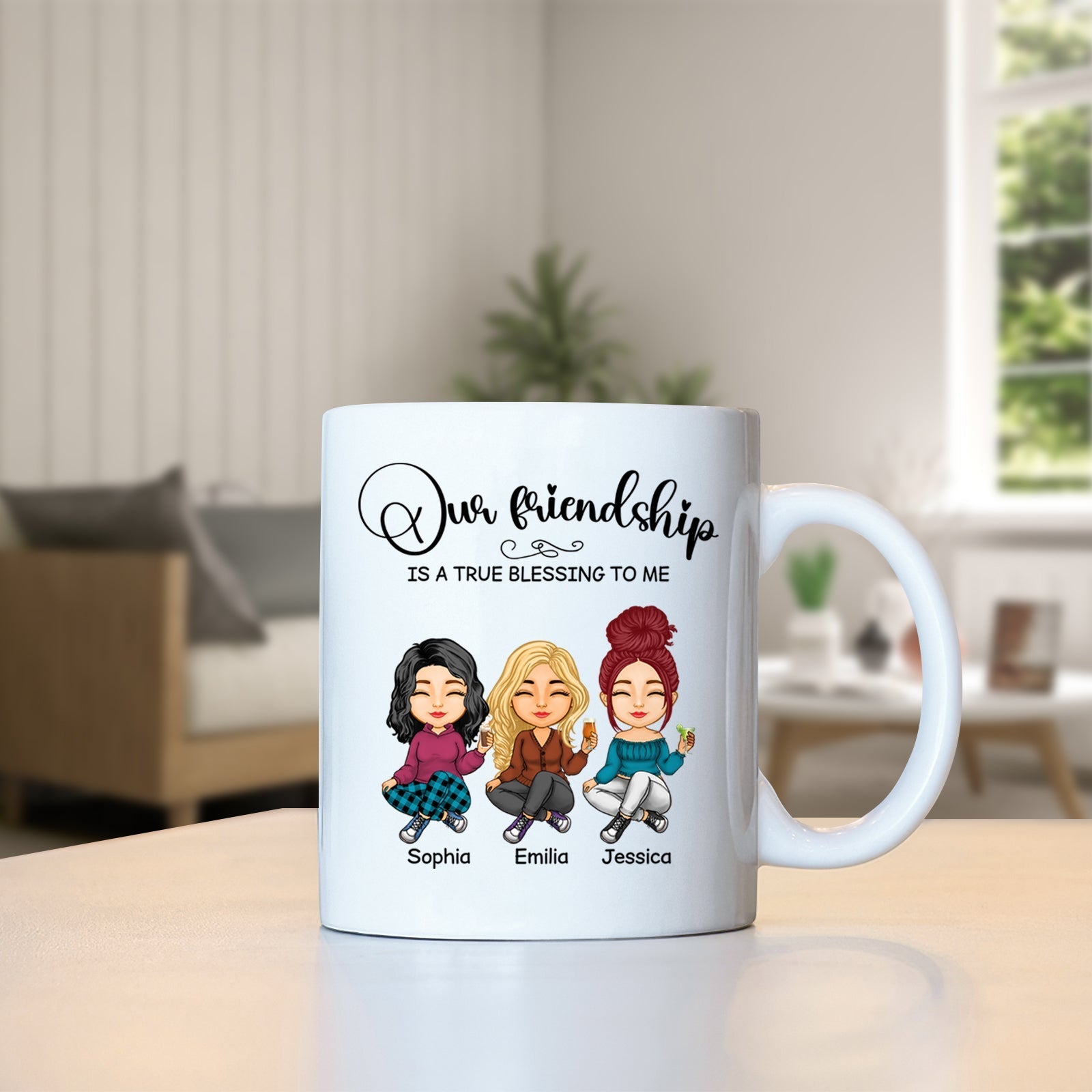 Custom friendship mug gift featuring cartoon characters and the phrase Our friendship is a true blessing to me