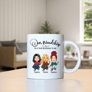 Custom friendship mug gift featuring cartoon characters and the phrase Our friendship is a true blessing to me