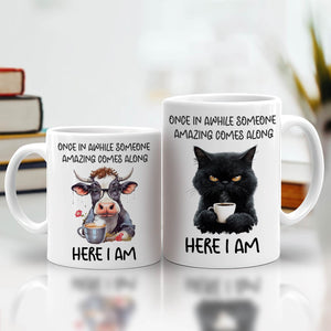 Custom funny animal coffee mug featuring a cow and a cat with humorous quotes