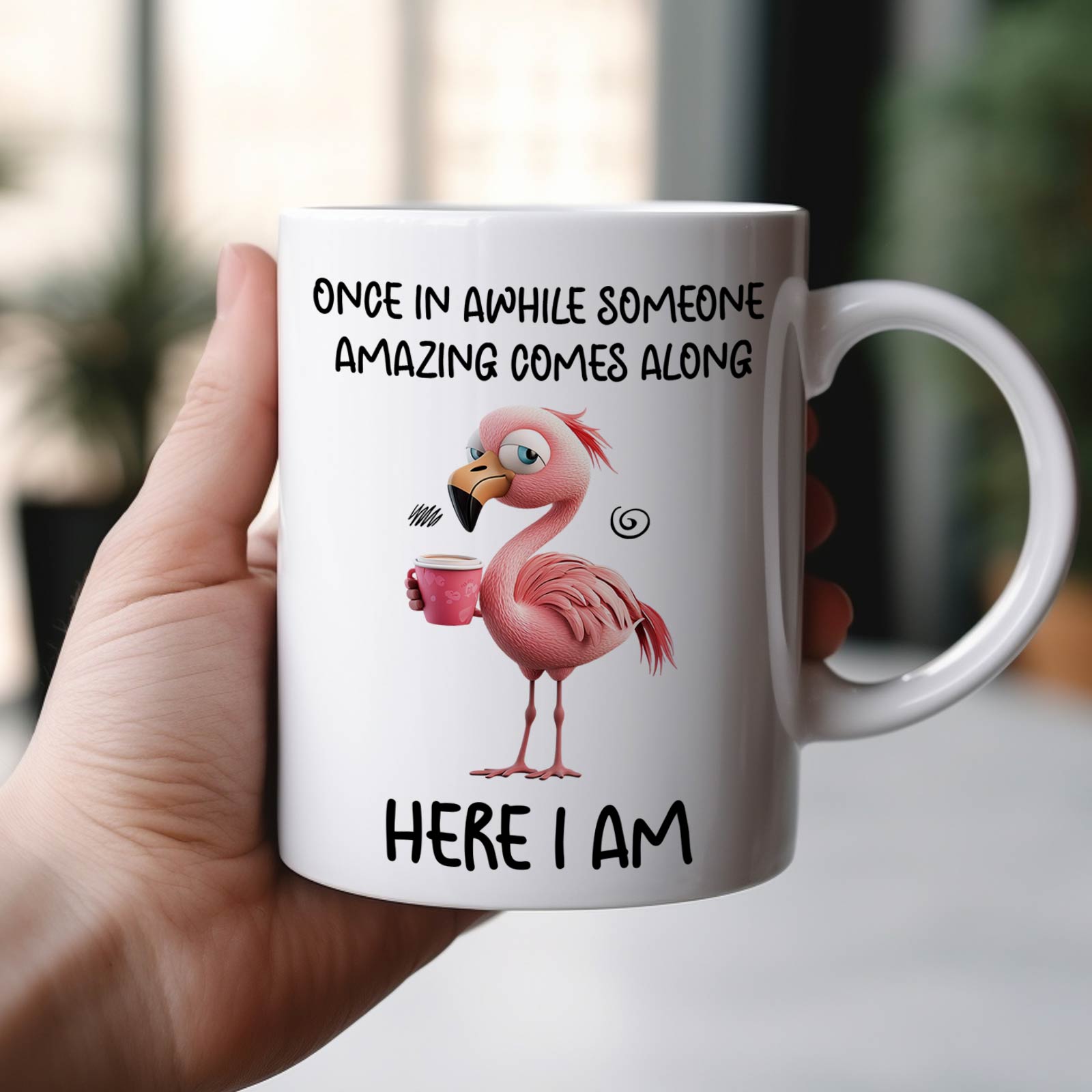 Custom funny animal coffee mug featuring a flamingo with a coffee cup and humorous text