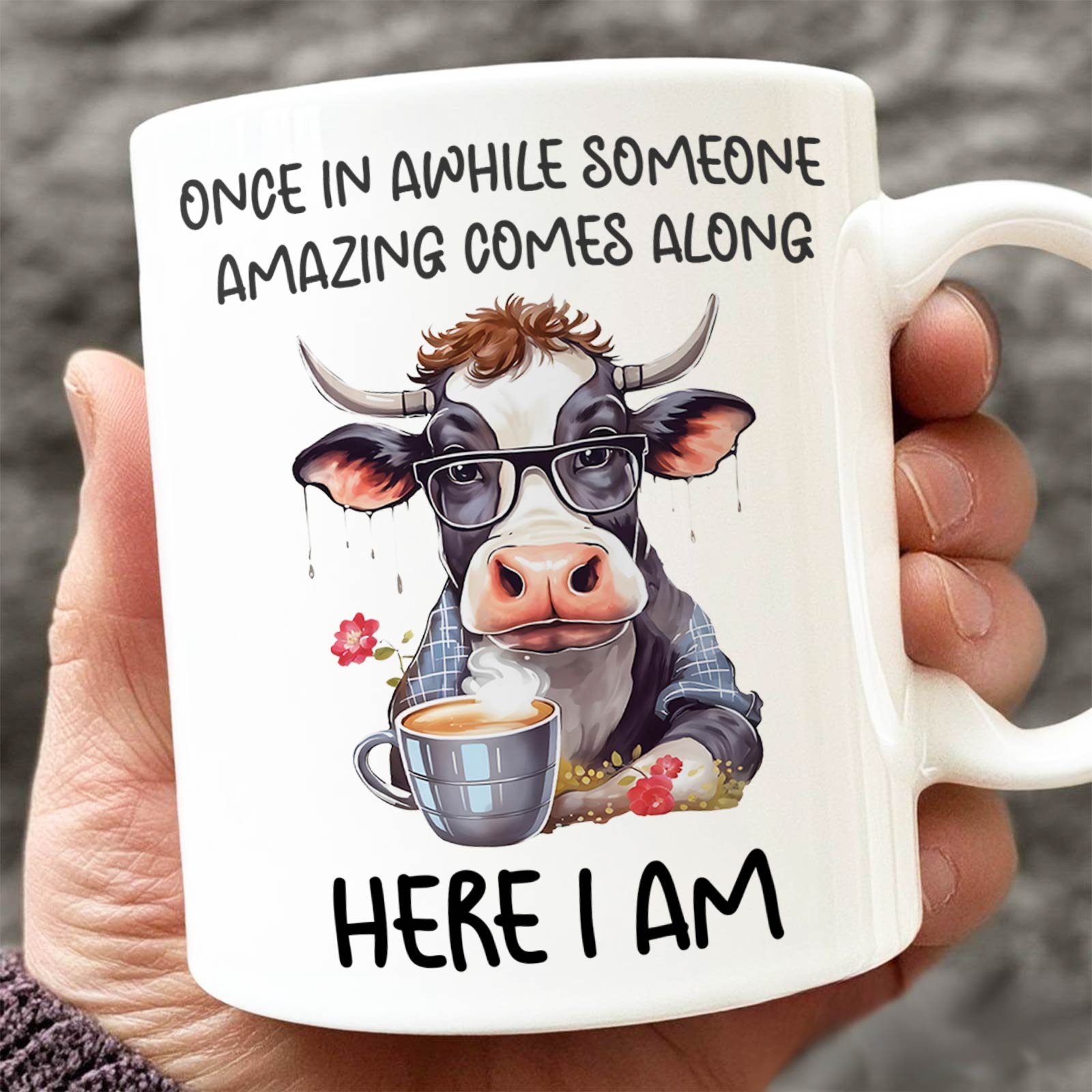 Custom funny animal coffee mug featuring a cow wearing glasses with a coffee cup and humorous text