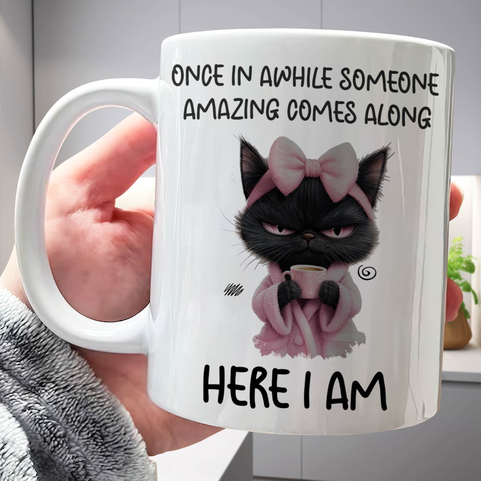 Custom funny animal coffee mug featuring a sassy cat in pink with a humorous quote