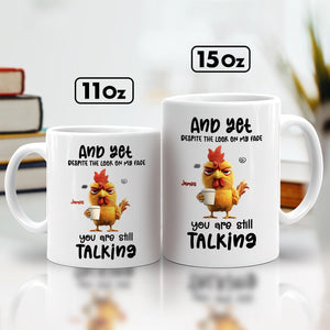 Custom funny coffee mug gift featuring a cartoon chicken and humorous text for coffee lovers