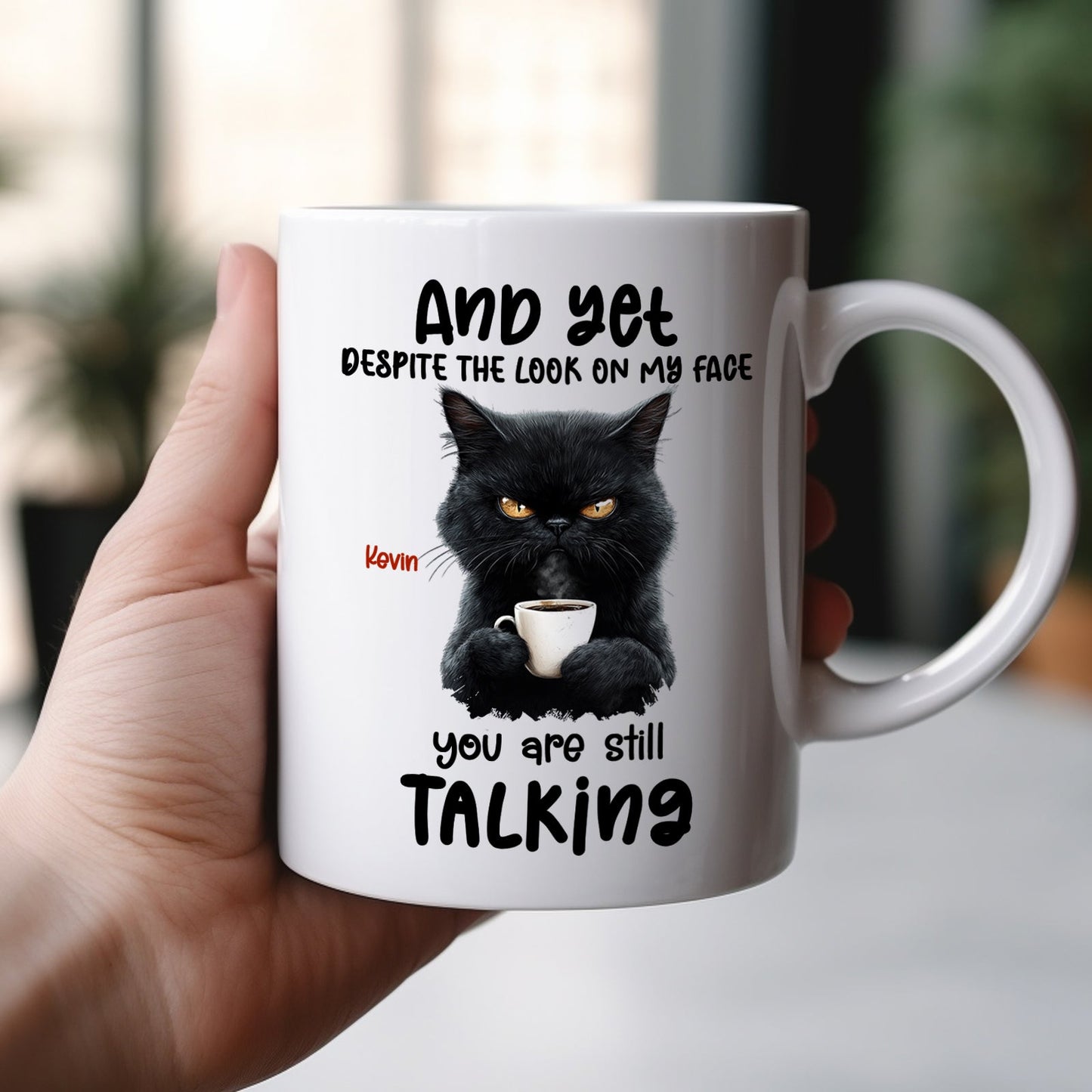 Custom funny coffee mug gift featuring a grumpy cat design with a humorous quote