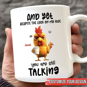 Custom funny coffee mug gift featuring a cartoon chicken with a humorous quote on a white mug