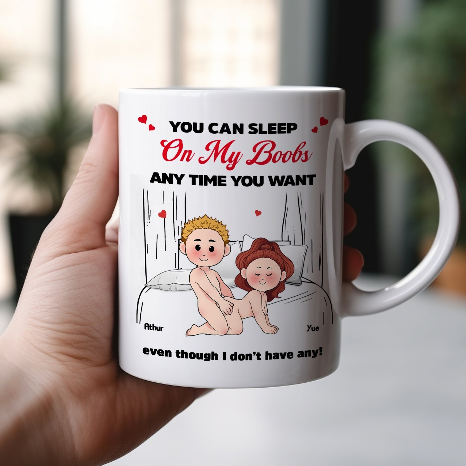 Custom funny mugs for couples featuring playful cartoon design with humorous text
