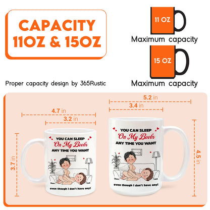 Custom funny mugs for couples featuring a playful design about sleeping on each other's laps