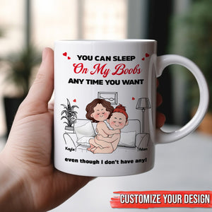 Custom funny mugs for couples featuring a playful design with a humorous quote and cartoon couple